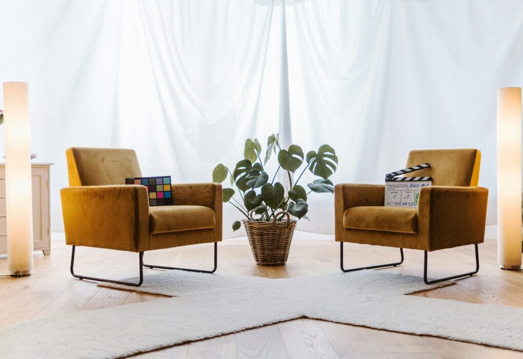 a living room with two chairs and a plant